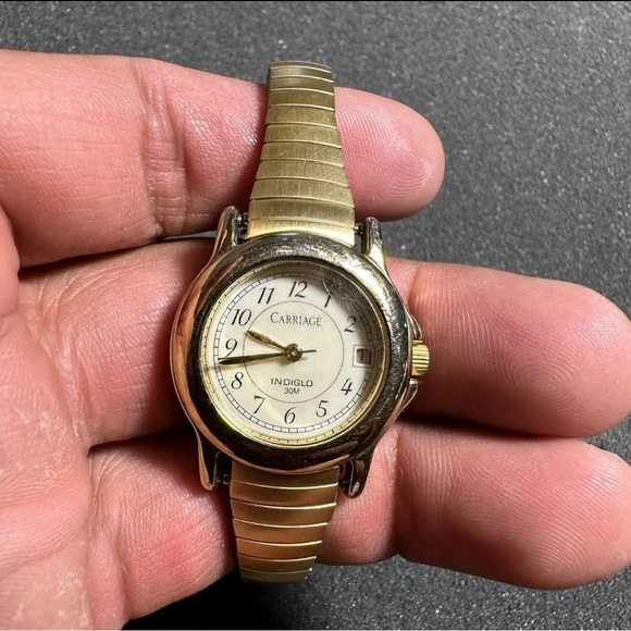 Carriage Indiglo Date Just Ladies Quartz Watch Gold Tone Stretch Band Working - Picture 1 of 10